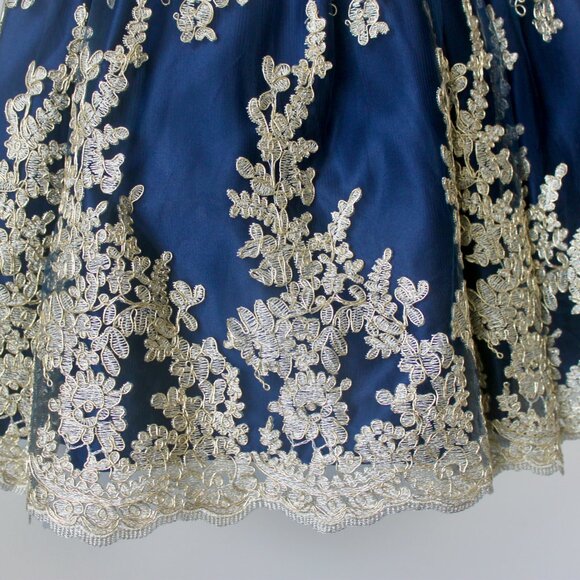 Chasing Fireflies Dark Blue Gold Embroidered Metallic Knee-Length Gown Dress 16 - Picture 4 of 10